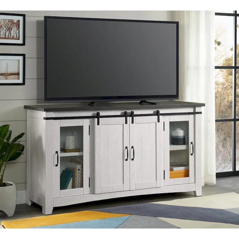 Rustic Farmhouse 65-Inch Solid Pine TV Stand Sliding Barn Doors Metal Mesh