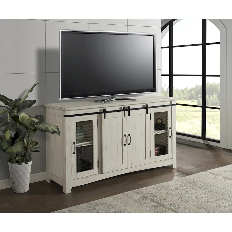 Rustic Farmhouse 65-Inch Solid Pine TV Stand Sliding Barn Doors Metal Mesh