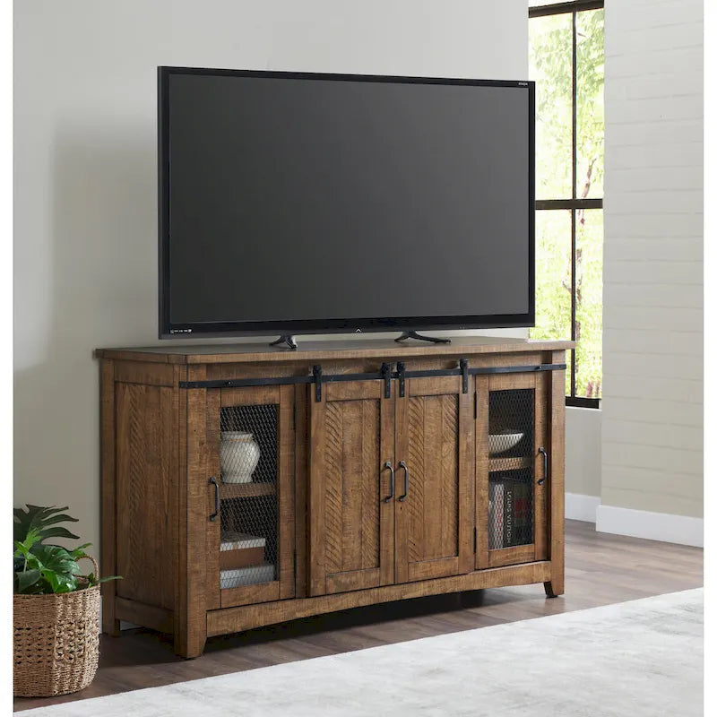 Rustic Farmhouse 65-Inch Solid Pine TV Stand Sliding Barn Doors Metal Mesh