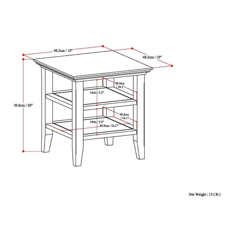 Solid Wood Square Transitional End Table Two Open Shelves 19 Inch