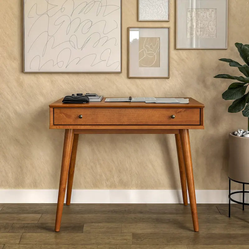 Mid-Century Solid Wood Desk Single Drawer Tapering Legs Two Finishes