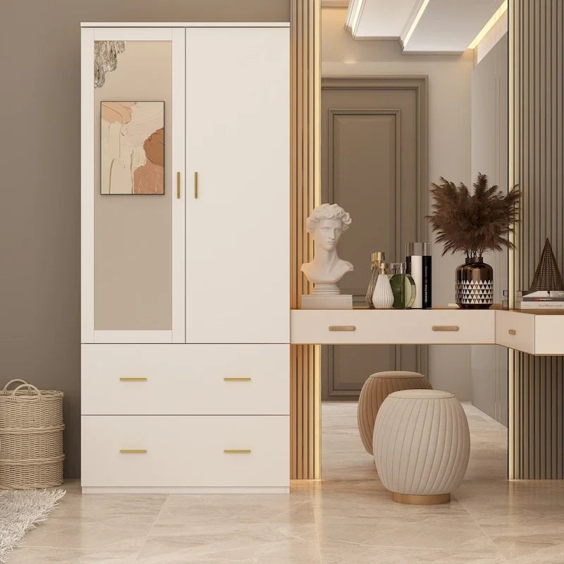 Armoire Wardrobe with Mirror Hanging Rod 2 Drawers 4 Shelves MDF