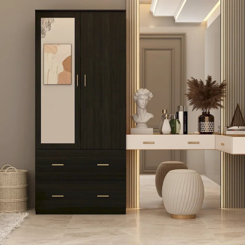 Armoire Wardrobe with Mirror Hanging Rod 2 Drawers 4 Shelves MDF