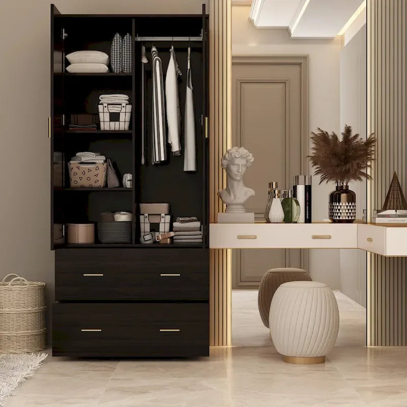 Armoire Wardrobe with Mirror Hanging Rod 2 Drawers 4 Shelves MDF
