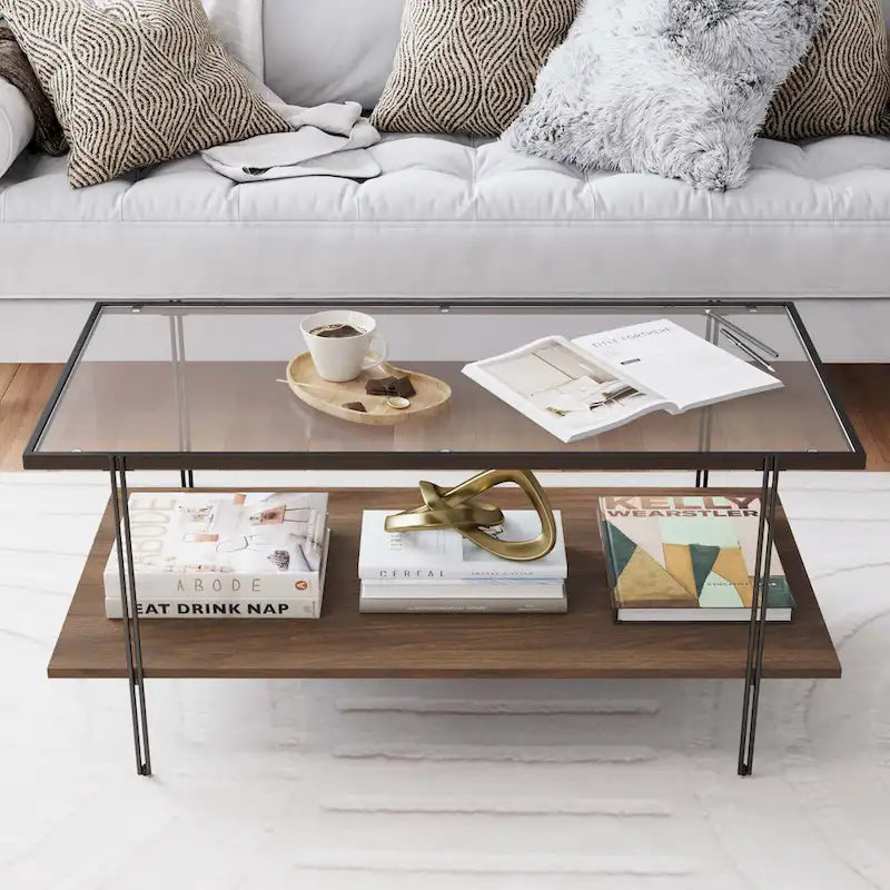 Mid-Century 2-Tier Coffee Table Glass Top Rustic Oak Lower Shelf