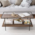Mid-Century 2-Tier Coffee Table Glass Top Rustic Oak Lower Shelf