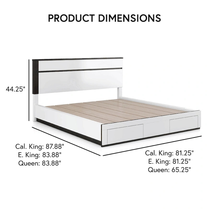 Modern White Platform Bed 2 Footboard Drawers High Gloss Asymmetric Design