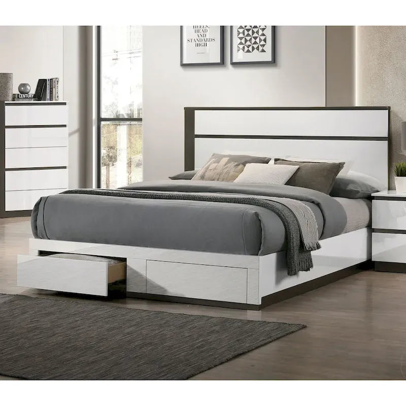Modern White Platform Bed 2 Footboard Drawers High Gloss Asymmetric Design