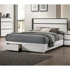 Modern White Platform Bed 2 Footboard Drawers High Gloss Asymmetric Design