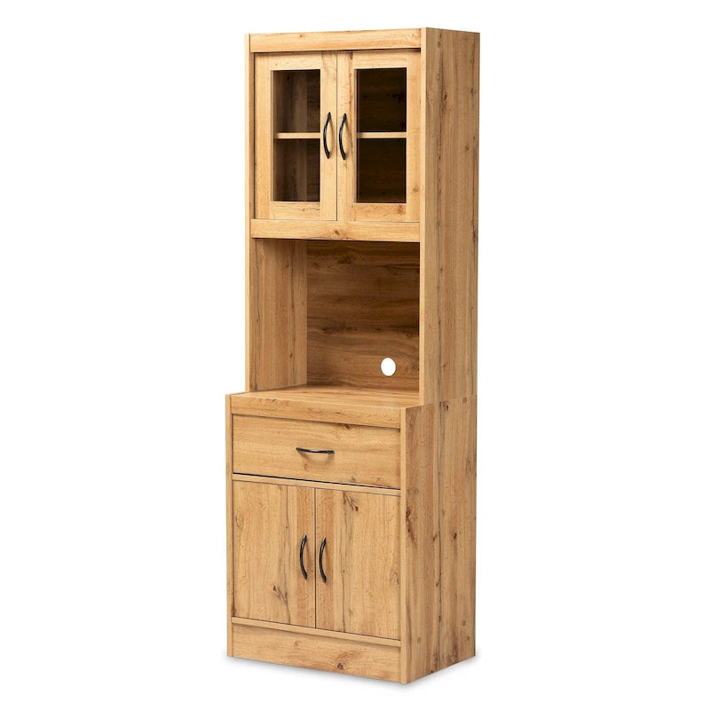 Modern Kitchen Wood Cabinet and Hutch with Shelves Drawer Oak Brown