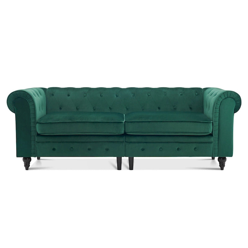 Velvet Tufted Chesterfield Sofa Mid-Century Oak Legs Button Tufting
