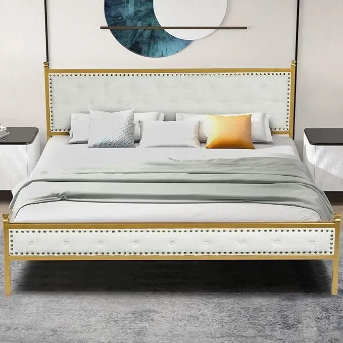 Upholstered Platform Bed Tufted Headboard Wooden Slats No Box Spring
