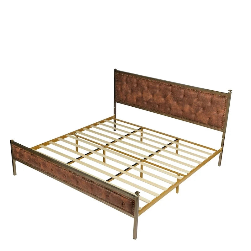 Upholstered Platform Bed Tufted Headboard Wooden Slats No Box Spring
