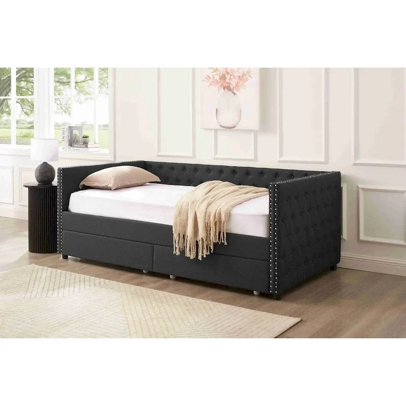 Upholstered Daybed with 2 Drawers Button Tufted Nailhead Trim Mid-Century