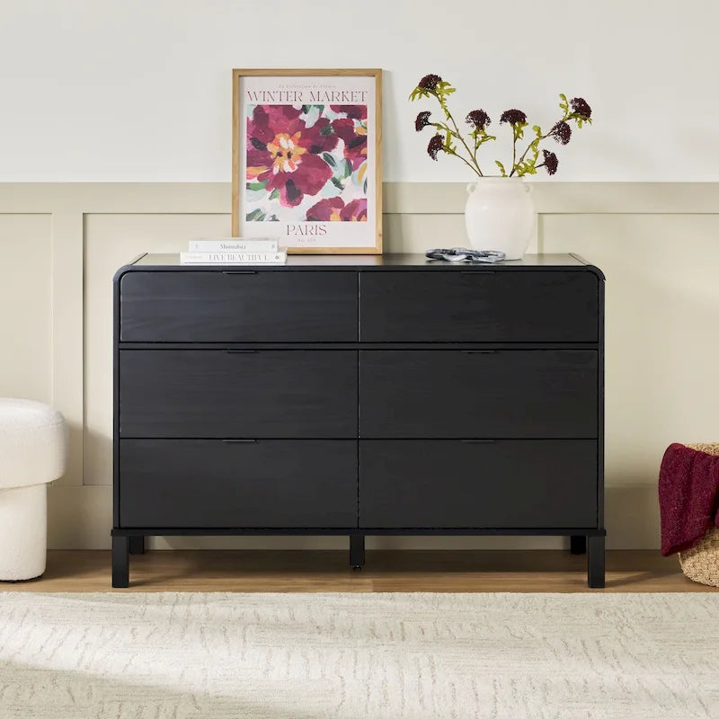 Curved Top Solid Pine 6-Drawer Dresser Metal Pulls Eco-Friendly Wood