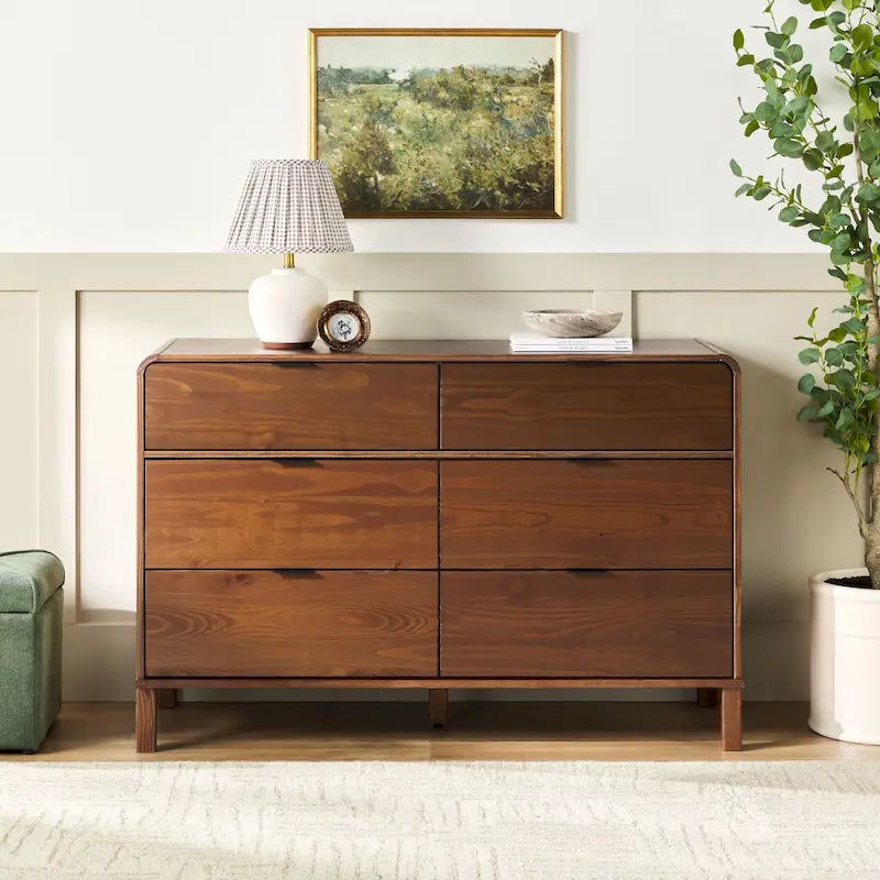 Curved Top Solid Pine 6-Drawer Dresser Metal Pulls Eco-Friendly Wood