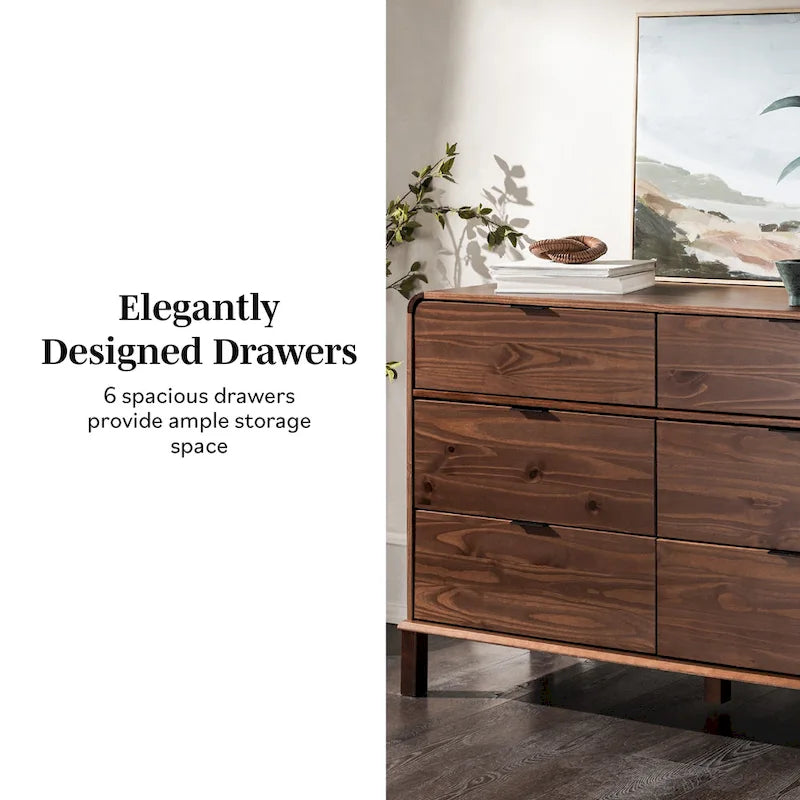 Curved Top Solid Pine 6-Drawer Dresser Metal Pulls Eco-Friendly Wood