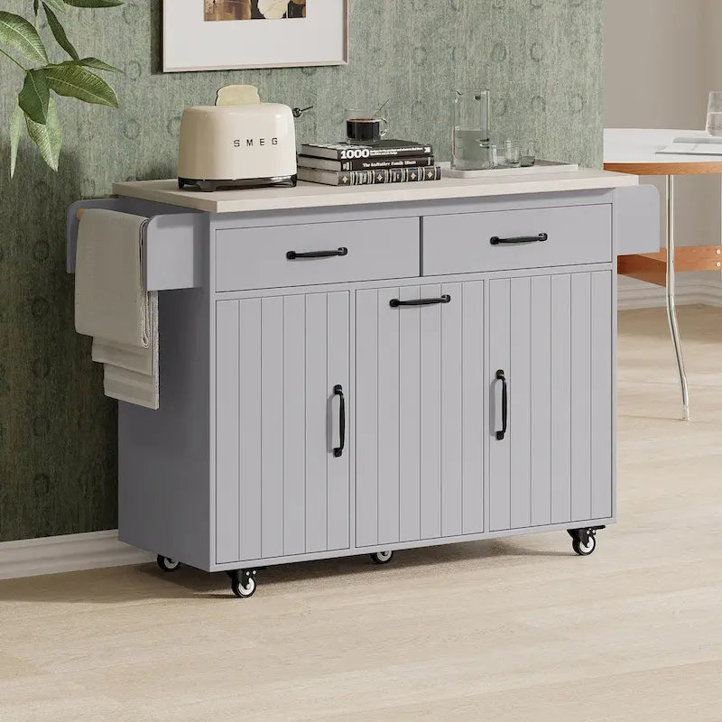 Kitchen Island with Tilt-Out Trash Can Drop Leaf Countertop Storage