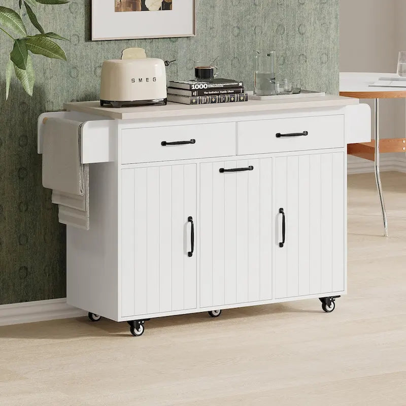 Kitchen Island with Tilt-Out Trash Can Drop Leaf Countertop Storage