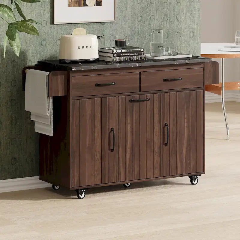 Kitchen Island with Tilt-Out Trash Can Drop Leaf Countertop Storage