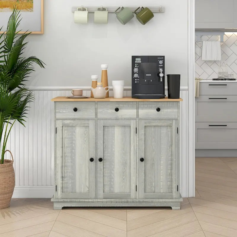 Sideboard Kitchen Storage Cabinet Solid Rubberwood Countertop 3 Drawers