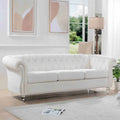 White Rolled Arm Chesterfield 3-Seater Sofa Silver Studs 84 Inch