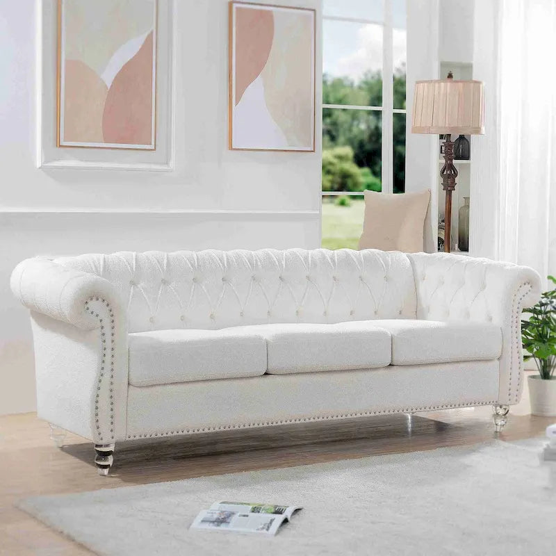 White Rolled Arm Chesterfield 3-Seater Sofa Silver Studs 84 Inch