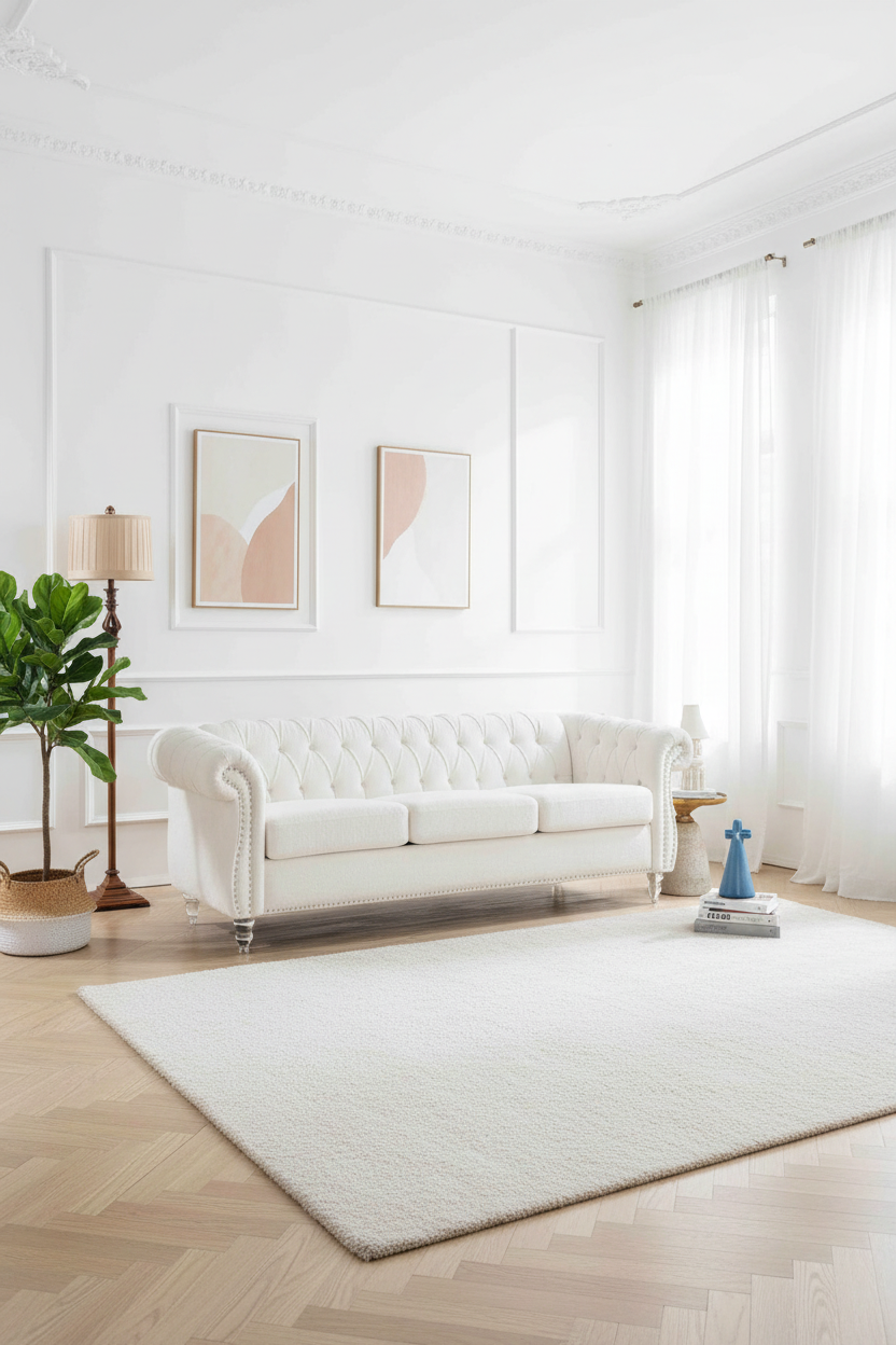 White Rolled Arm Chesterfield 3-Seater Sofa Silver Studs 84 Inch