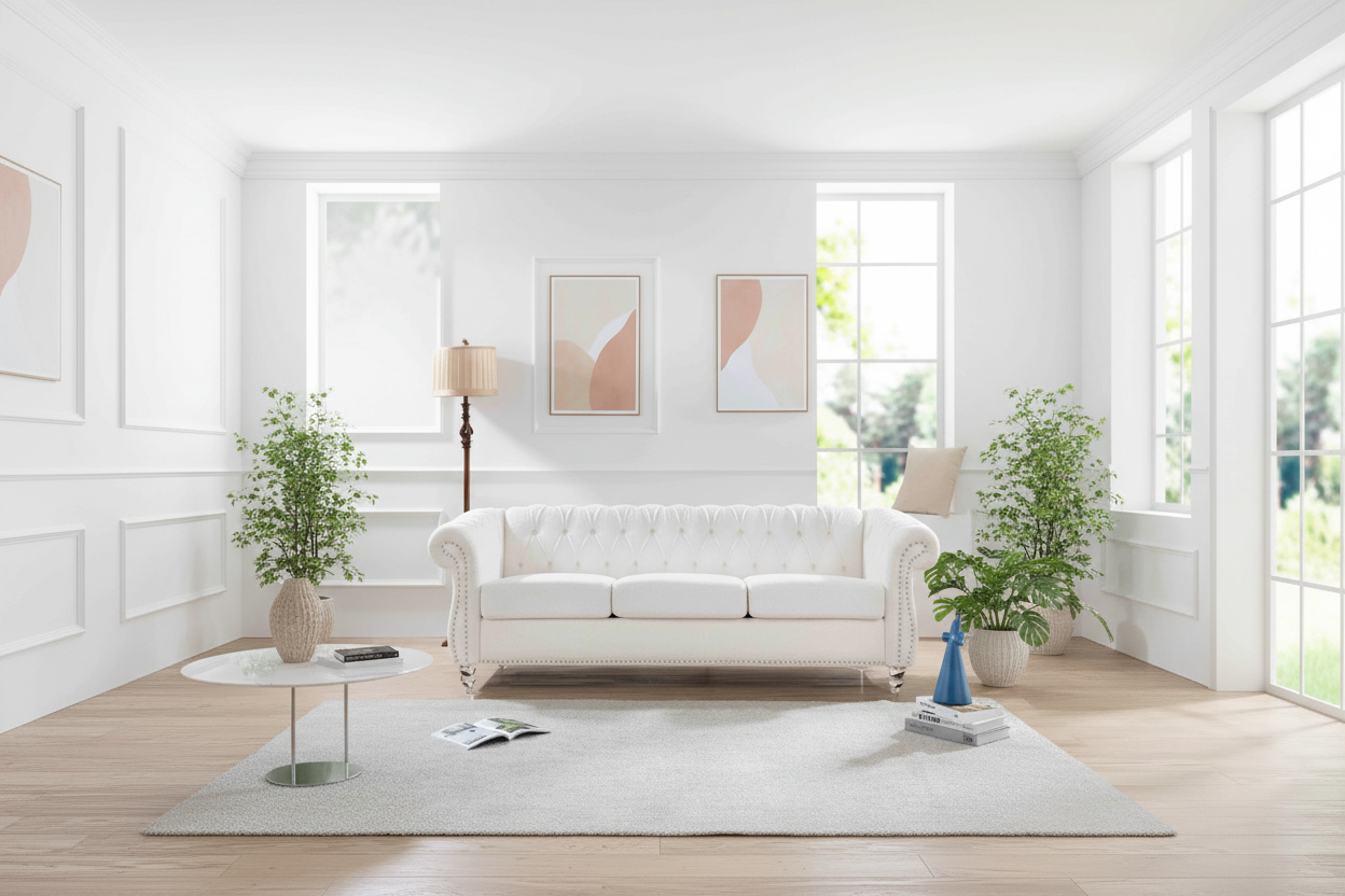 White Rolled Arm Chesterfield 3-Seater Sofa Silver Studs 84 Inch