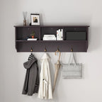 Espresso Wall Mounted Coat Rack with 4 Dual Hooks Wooden Storage Shelf