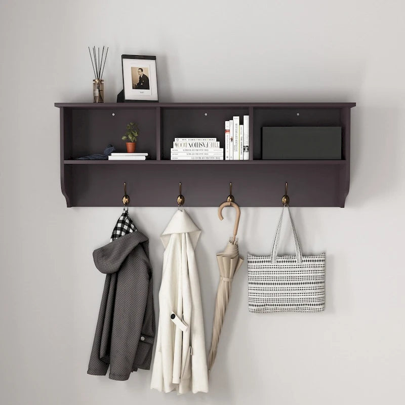 Espresso Wall Mounted Coat Rack with 4 Dual Hooks Wooden Storage Shelf