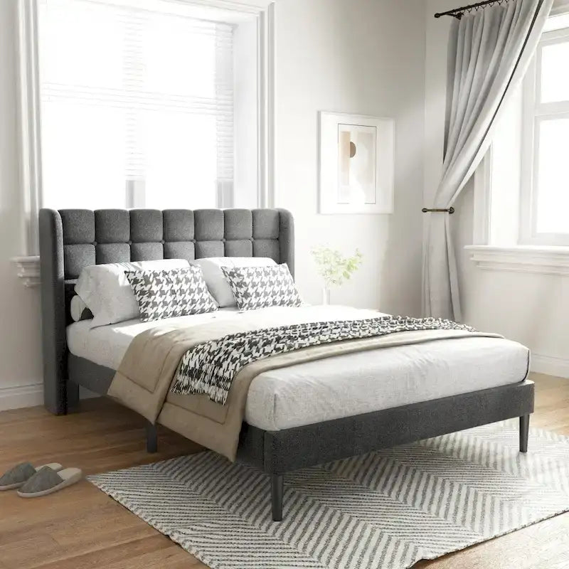 Estrutura de Cama com Cabeceira Estofada e Suporte de Ripas de Madeira