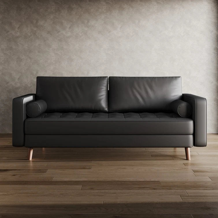 70-Inch Faux Leather Square Arm Sofa Couch High-Density Foam Solid Wood Legs