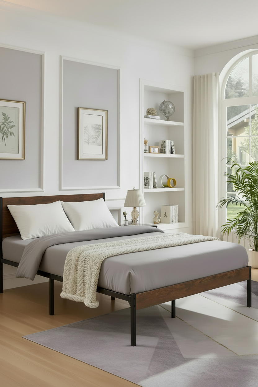 Platform Bed Frame Wood Headboard Iron Bars MDF Strong Metal Slats