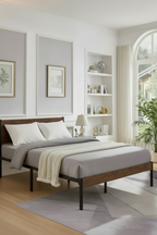Platform Bed Frame Wood Headboard Iron Bars MDF Strong Metal Slats